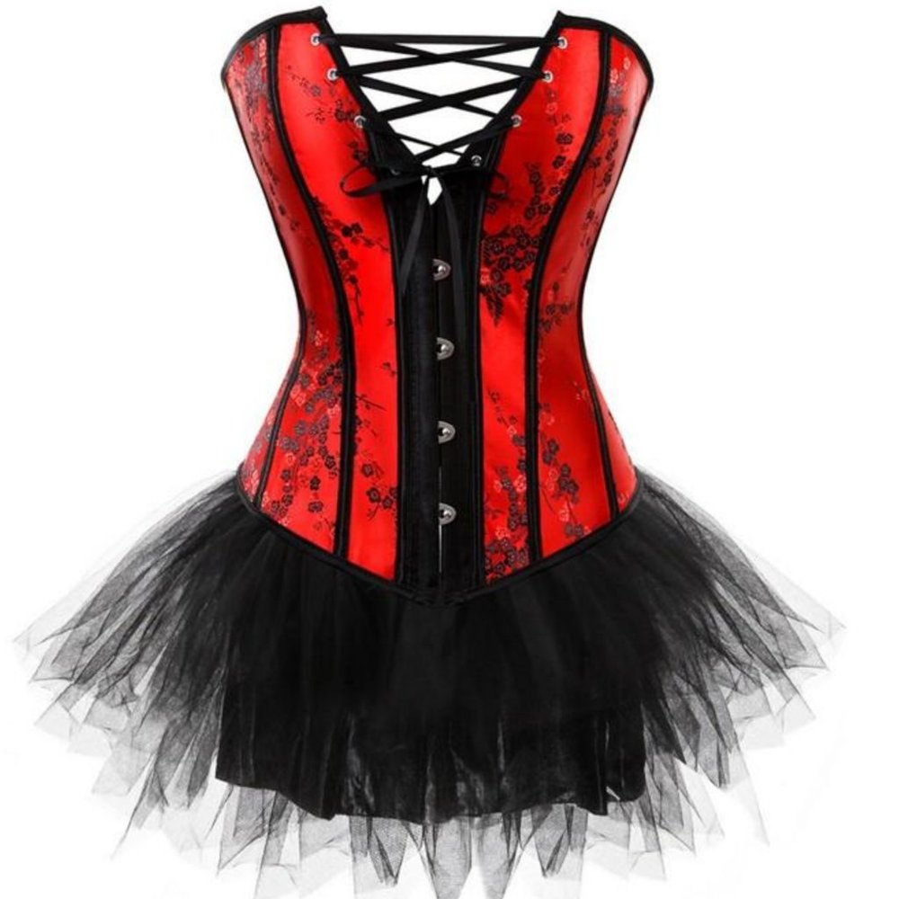 NW Corset rave festival Burning man Floral Overbust Corset with Tutu Mini Skirt